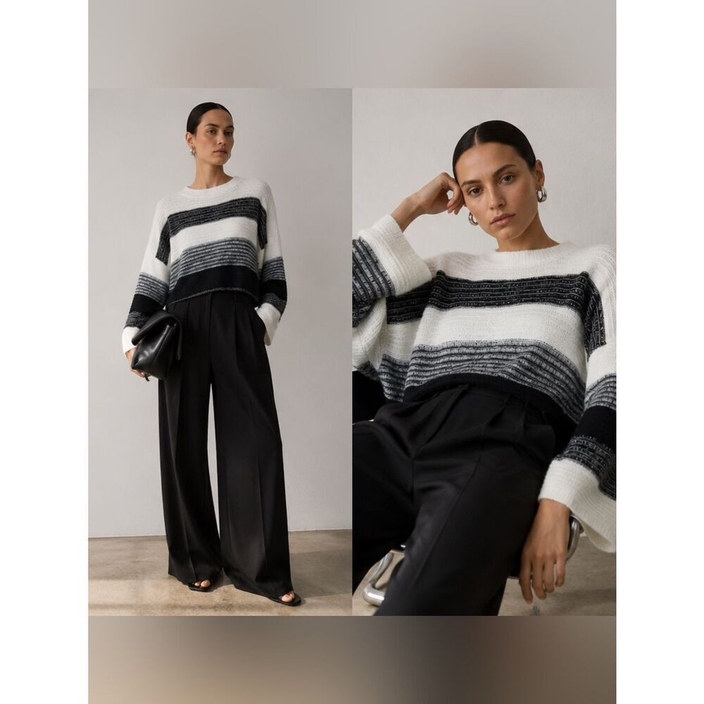 Sablyn Cisco Dolman Cashmere Sweater featuring black, grey, and white stripes